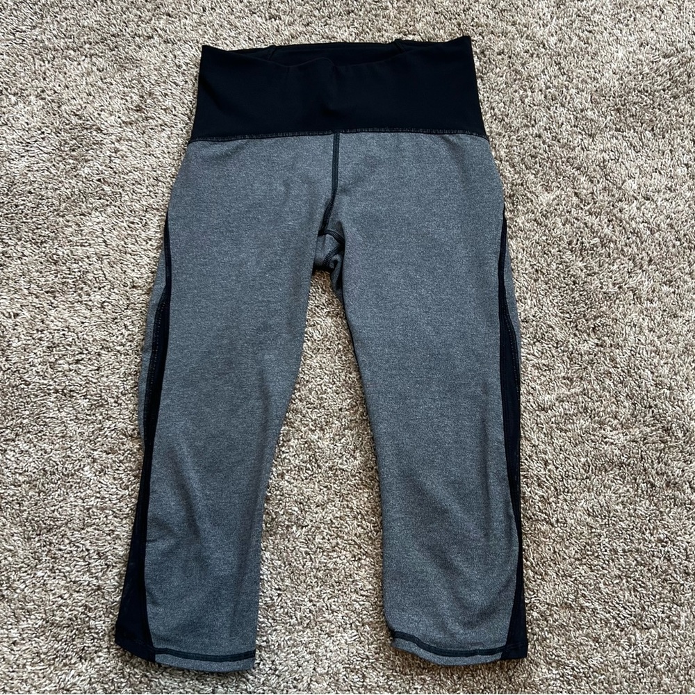 Lululemon Heathered Grey Black Train Times Crop Leggings Mesh Side 6 Colorblock